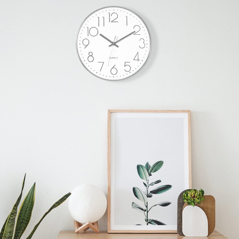 Foxtop Silver Wall Clock Silent Non-Ticking Battery Operated Round Modern Wall Clock for Office School Home Living Room Bedroom Bathroom Kitchen Decor 12 inch - Image 4